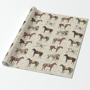 Elegant Vintage Saddled Horses Beige Script Wrapping Paper