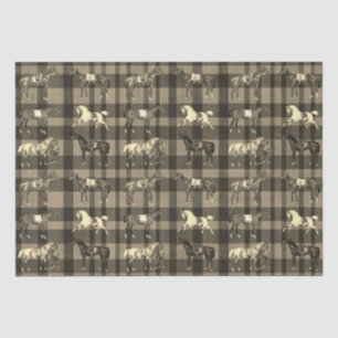 Elegant Vintage Saddled Horses Brown Beige Plaid Tissue Paper