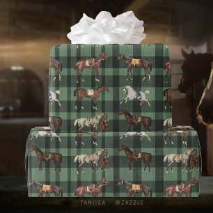 Elegant Vintage Saddled Horses Green Plaid Wrapping Paper