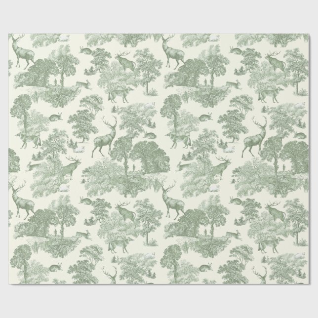 Elegant Vintage Sage Green Deer Woodland Toile Wrapping Paper (Flat)
