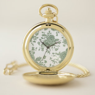 Elegant Vintage Sage Green French Floral Pocket Watch