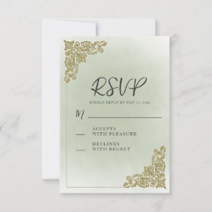 Elegant Vintage Sage Green Gold Wedding  RSVP Card