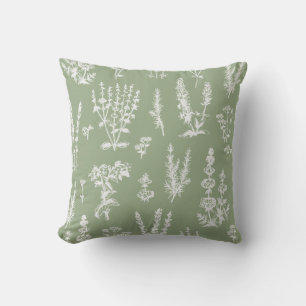 Elegant Vintage Sage Green Herbal Garden Pattern Throw Pillow