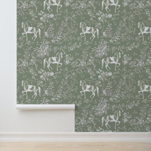 Elegant Vintage Sage Green Horse Floral Pattern Wallpaper