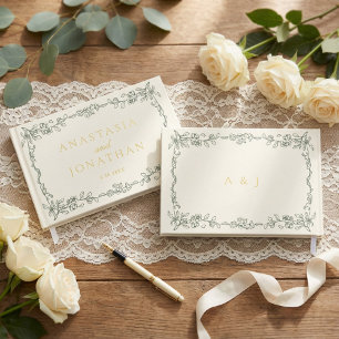 Elegant Vintage Sage Green Monogram Wedding  Foil Guest Book