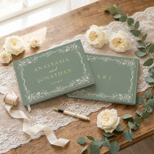 Elegant Vintage Sage Green Monogram Wedding  Foil Guest Book