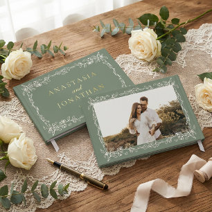 Elegant Vintage Sage Green Photo Wedding Foil Guest Book