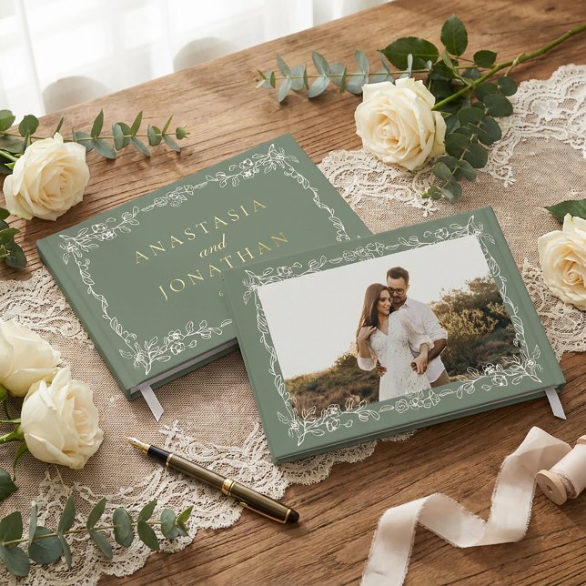 Elegant Vintage Sage Green Photo Wedding  Foil Guest Book (Creator Uploaded)