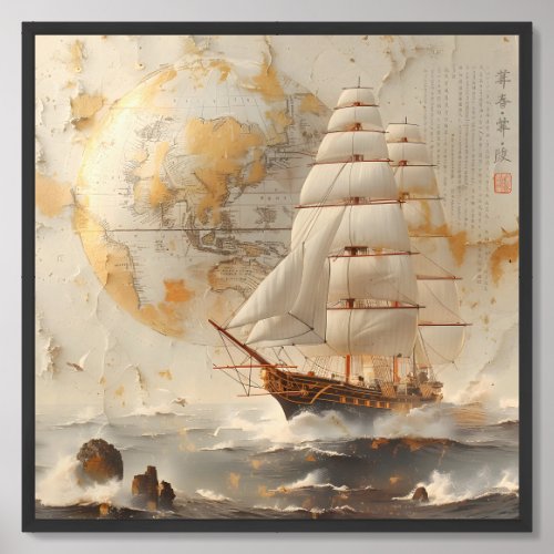 Elegant Vintage sailing ship and maps gold foil Framed Art