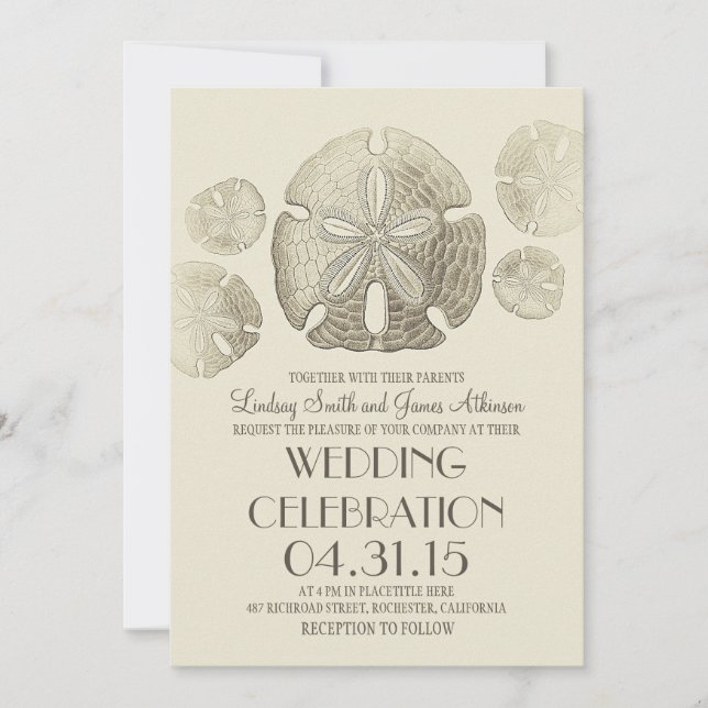 Elegant vintage sand dollars beach wedding invites (Front)