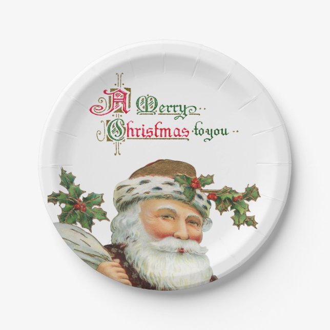 Elegant Vintage Santa and Holly Paper Plate (Front)