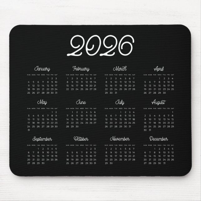 Elegant vintage script 2026 Black calendar Mouse Pad (Front)