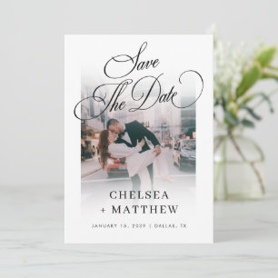 Elegant Vintage Script and Photo White Wedding Save The Date