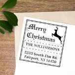 Elegant Vintage Script Christmas Return Address Self-inking Stamp<br><div class="desc">This elegant Christmas stamp features a double frame, Merry Christmas greetings (which you can change for Happy Holidays or Season´s Greetings) in a festive vintage script, and a reindeer silhouette. The Family Name and Return Address are separated by dotty lines and are written in a classic font. You can easily...</div>
