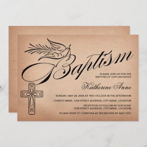 Elegant Vintage Script Cross and Dove Baptism Invitation