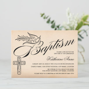 Elegant Vintage Script Cross and Dove Baptism Invitation