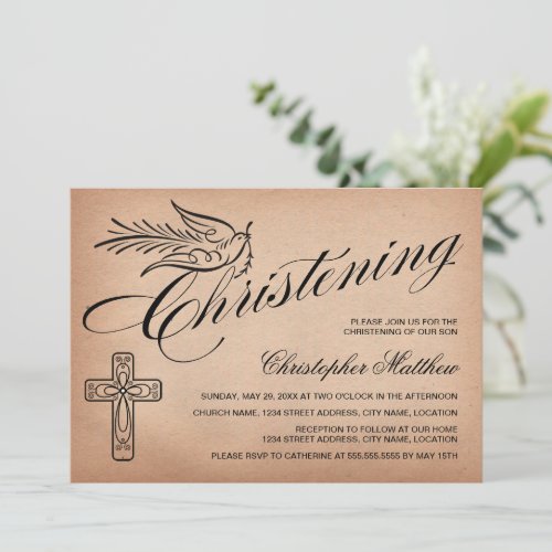 Elegant Vintage Script Cross and Dove Christening Invitation
