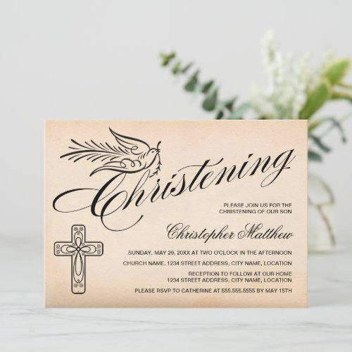 Elegant Vintage Script Cross and Dove Christening Invitation