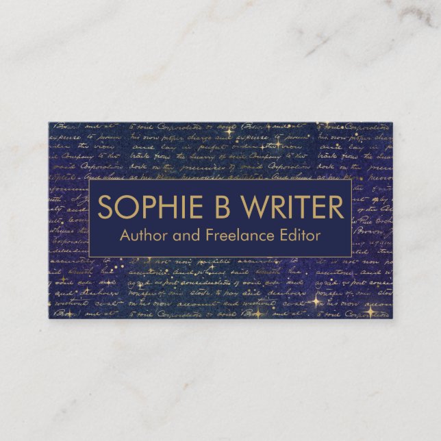 Elegant Vintage Script Navy Gold Writers Author Business Card (Front)