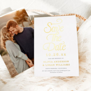 Elegant Vintage Script Photo Wedding Save the Date Foil Invitation