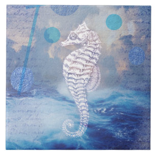 Elegant Vintage Seahorse Blue Ocean Waves Ceramic Tile
