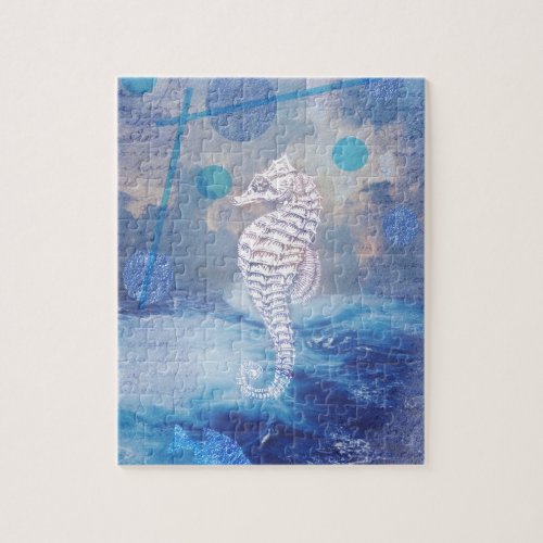 Elegant Vintage Seahorse Blue Ocean Waves Jigsaw Puzzle