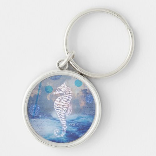 Elegant Vintage Seahorse Blue Ocean Waves Keychain