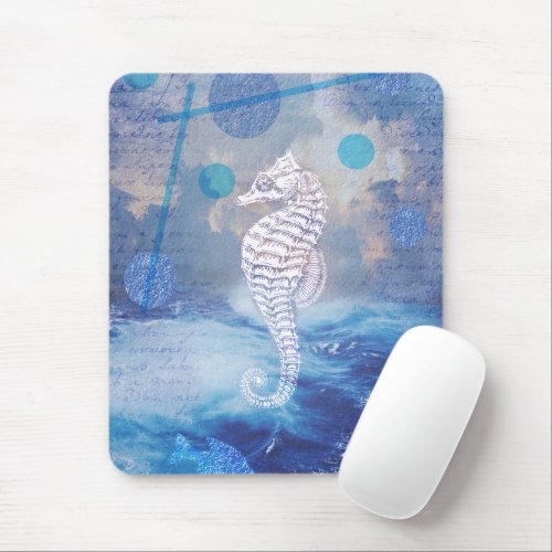 Elegant Vintage Seahorse Blue Ocean Waves Mouse Pad