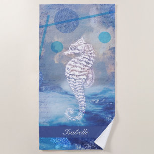 Elegant Vintage Seahorse Blue Ocean Waves Name Beach Towel