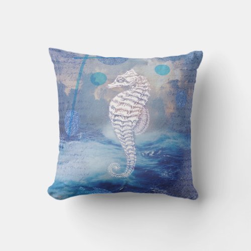 Elegant Vintage Seahorse Blue Ocean Waves Throw Pillow