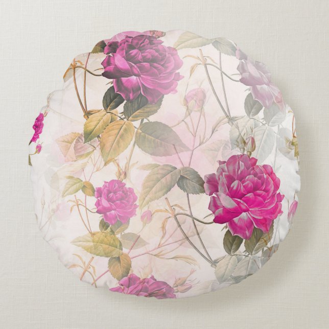 Elegant Vintage Shabby Chic Purple Roses Round Pillow (Front)