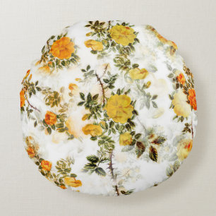 Elegant Vintage Shabby Chic Yellows Golds Florals Round Pillow