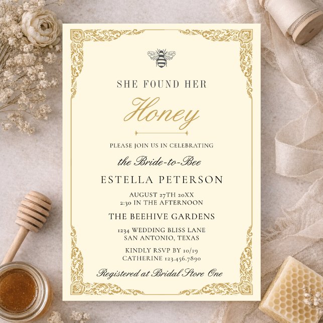 Elegant Vintage She Found Her Honey Bridal Shower Invitation (Creator Uploaded)