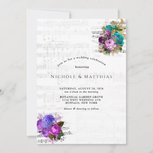 Elegant Vintage Sheet Music and Floral Wedding Invitation