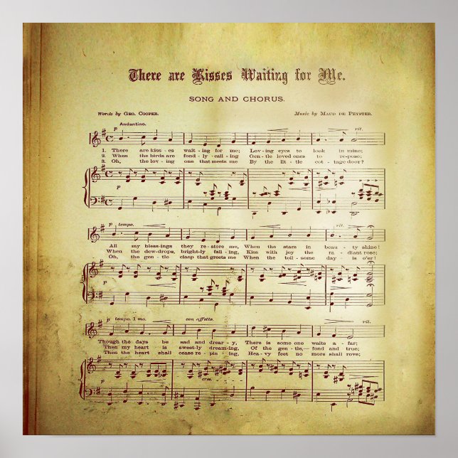 Elegant Vintage Sheet Music Notes Love Song Poster (Front)