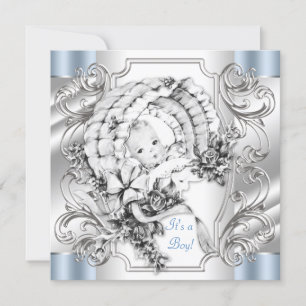 Elegant Vintage Silver and Blue Baby Boy Shower Invitation