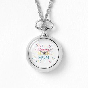 Elegant Vintage Silver I Love My Super Mom Pocket  Watch