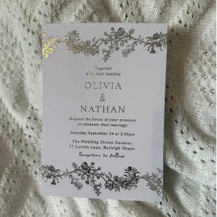 Elegant Vintage Silver & White Floral Wedding Foil Invitation
