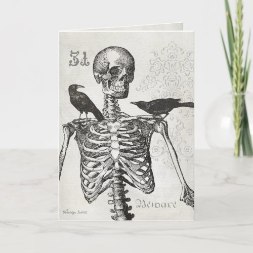 Elegant vintage skeleton  crows Halloween card