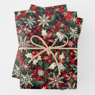 Elegant Vintage Snowflakes on Plaid Wrapping Paper Sheets