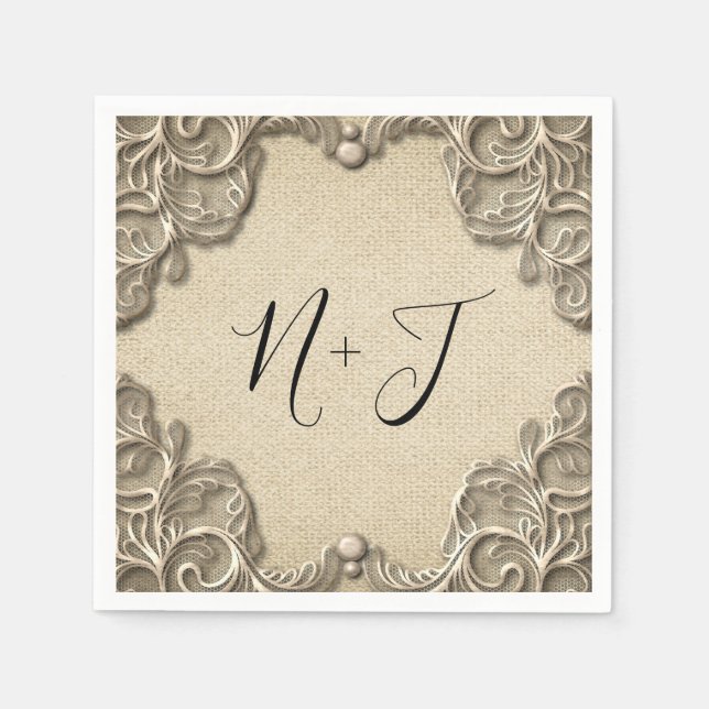 Elegant Vintage Southern Charm Burlap Lace  Napkins (Front)