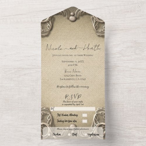 Elegant Vintage Southern Charm Burlap Lace Wedding All In One Invitation