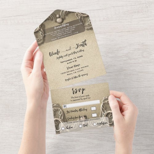 Elegant Vintage Southern Charm Burlap Lace Wedding All In One Invitation