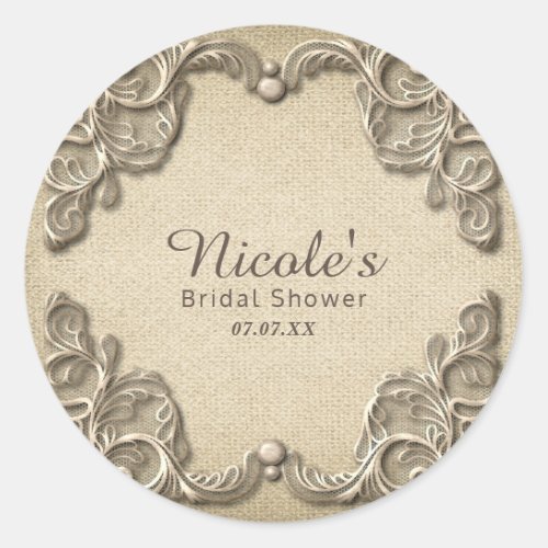 Elegant Vintage Southern Charm Burlap Lace Wedding Classic Round Sticker