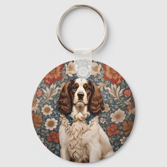 Elegant Vintage Spaniel On Delicate Floral Keychain (Front)