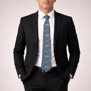 Elegant Vintage Steel Blue Horse Floral  Neck Tie