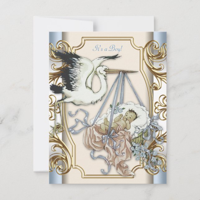 Elegant Vintage Stork Baby Boy Shower Invitation (Front)