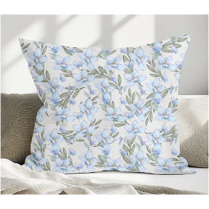 Elegant Vintage Style Blue Flowers & Green Leaves Throw Pillow