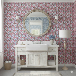 Elegant Vintage Style Blue Flowers & Green Leaves Wallpaper