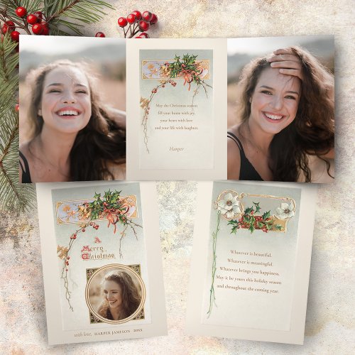 Elegant Vintage Style Holly and Photo Tri_Fold Holiday Card